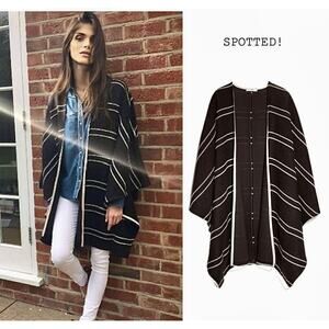 MNG Mango Black and White Striped Boucle Cape Oversized VNeck Open Poncho OS